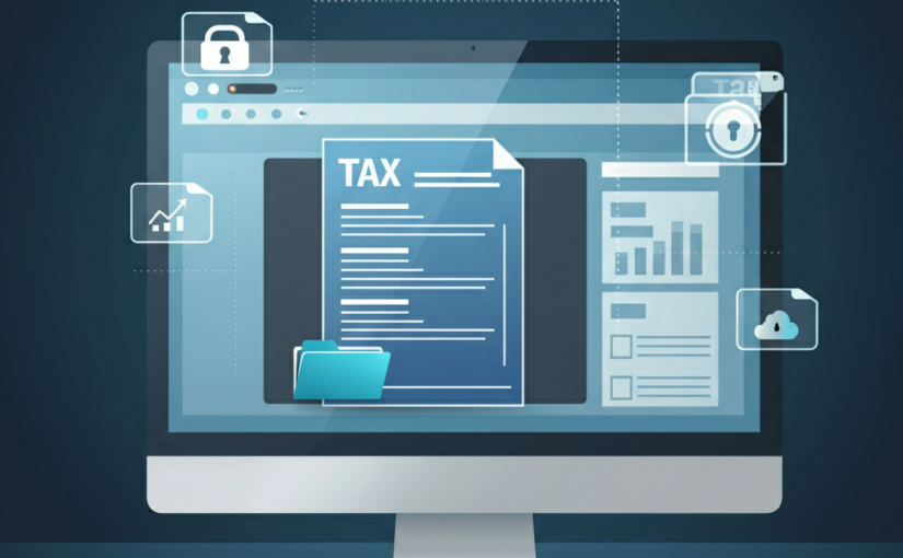 Digital tax documents on a computer screen with organized folders and security icons.